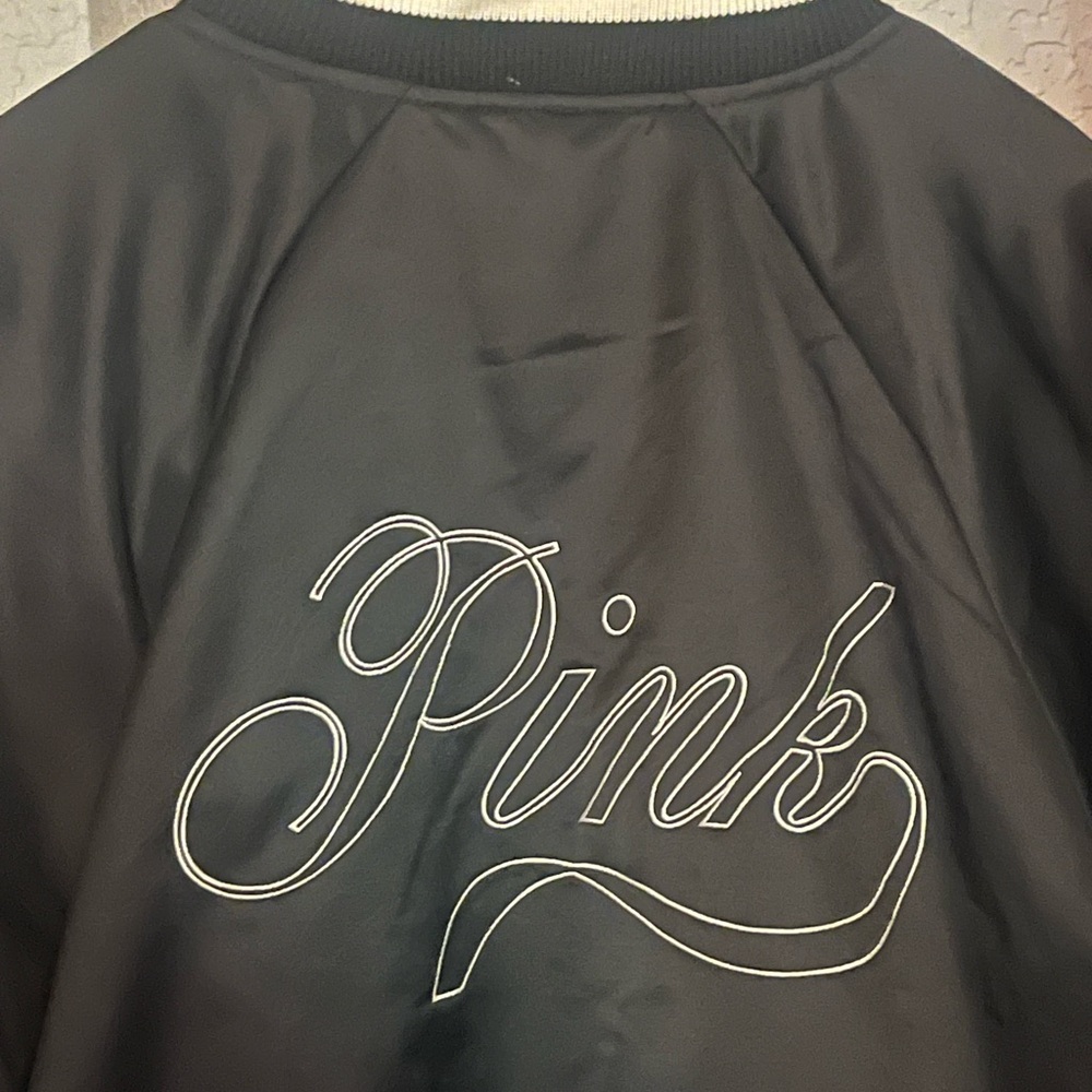 Victoria's Secret PINK Black Satin Bomber Jacket with White Script
